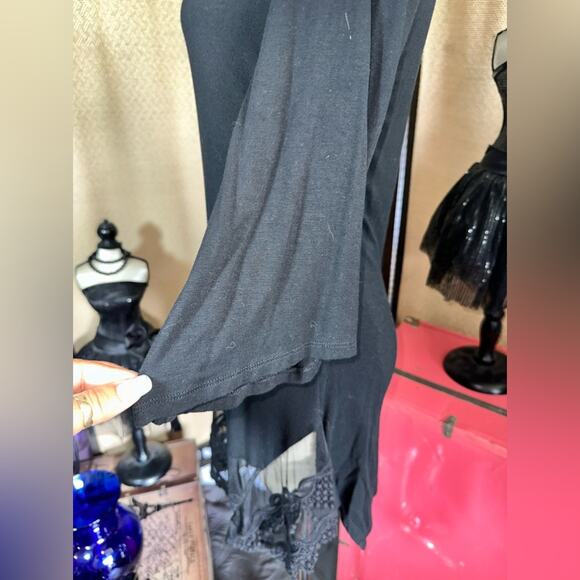 Origami Black Spandex Polyester Cotton Dress Lace Hemline Size Small - Picture 5 of 12